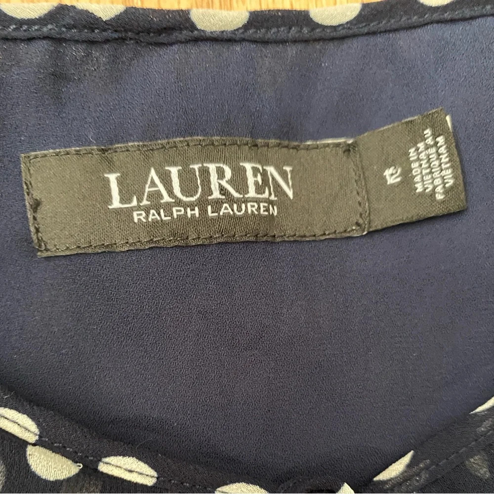 Lauren Ralph Lauren Polka Dot Chiffon Midi Dress Smocked Waist Navy Size 12 - Picture 3 of 14